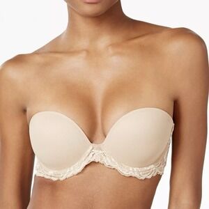 Natori Feathers Strapless Bra 32C Nude Lace Convertible Underwire No Straps